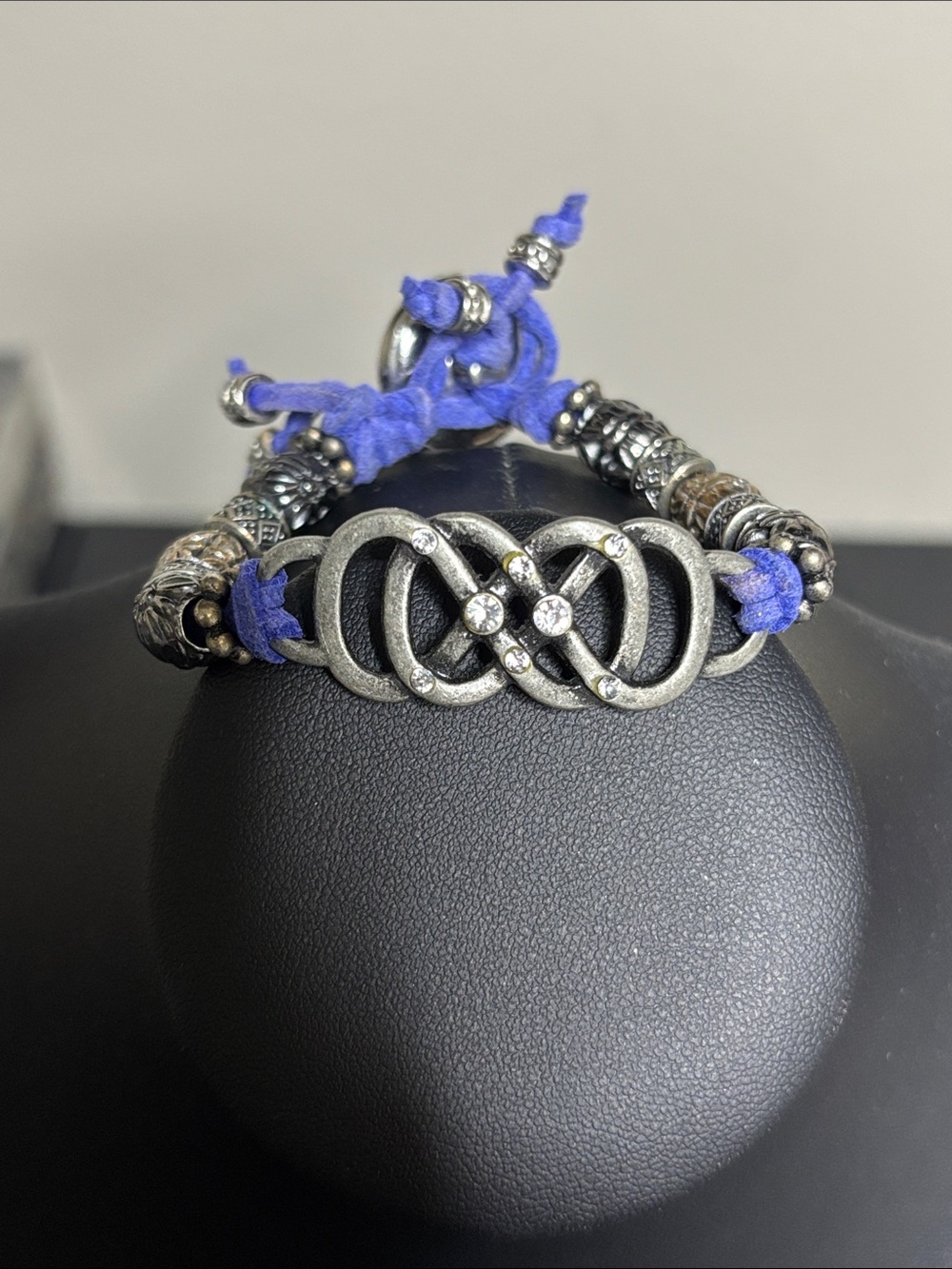 Silver Infinity Knot Bracelet Blue Leather Cord Rhinestone Accents